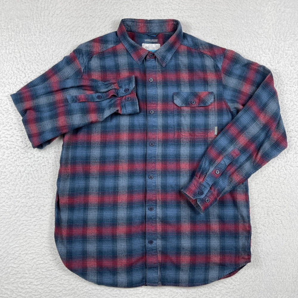 Columbia Flannel Shirt Mens XL Blue Red Plaid Omni Wick Outdoor Button Down